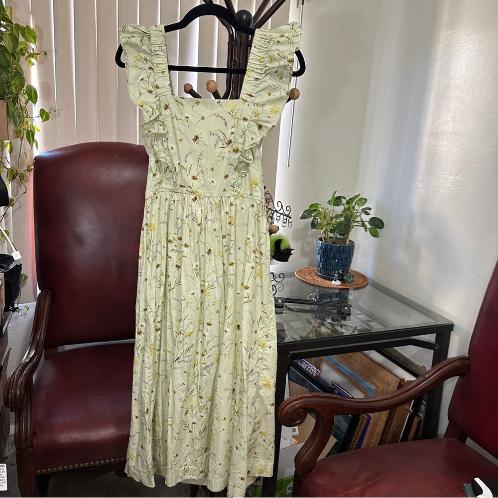 RARE H&M Wildflower Meadow Ruffled Poplin Cotton Lt. Green Floral Dress Midi S